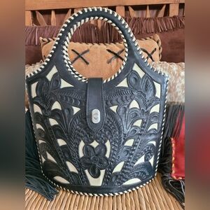 Leaders in Leather Tooled Black & Tan Handbag